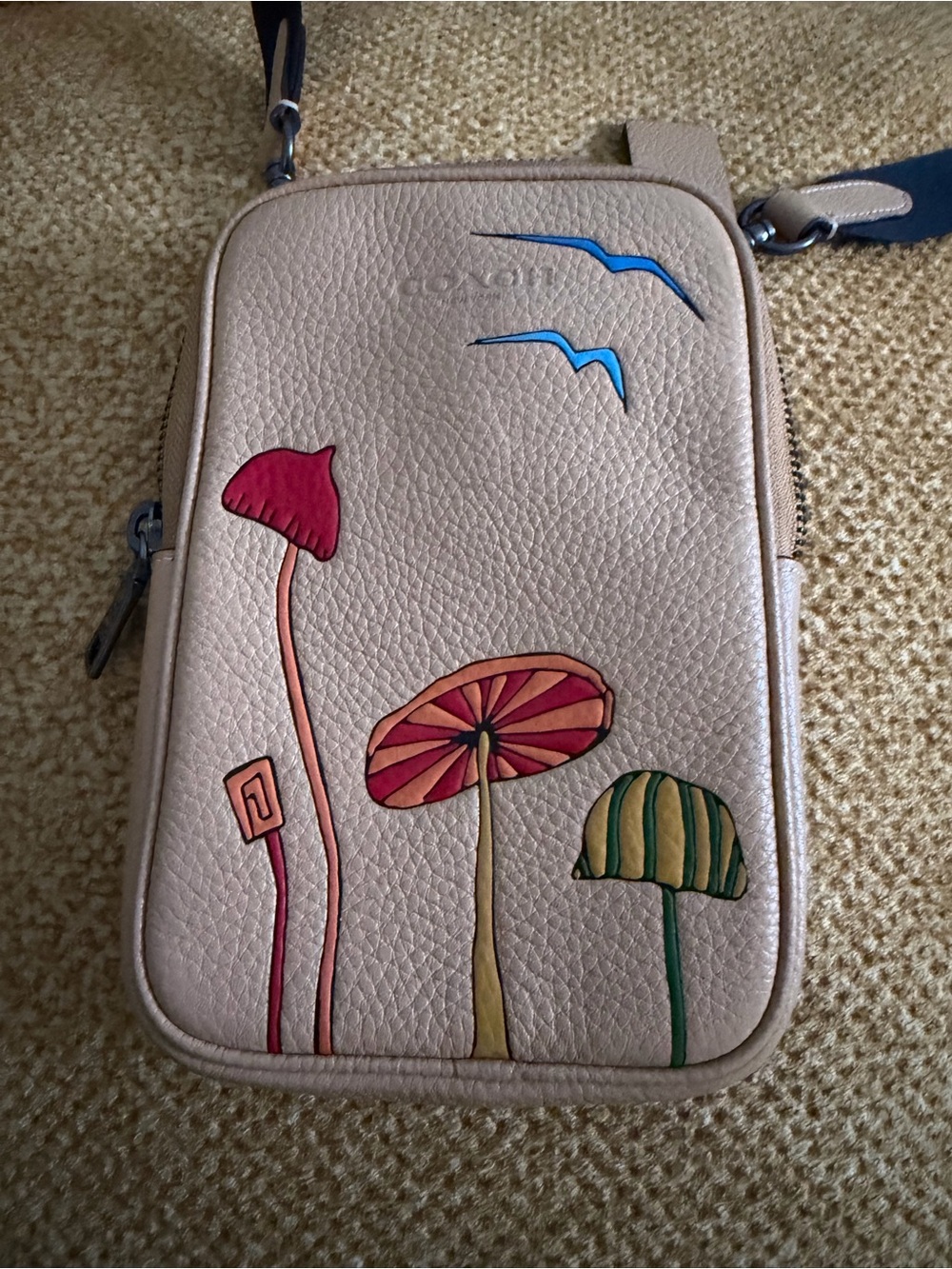 Coach Beige Pebbled Leather Crossbody with Colorful Mushroom Motif